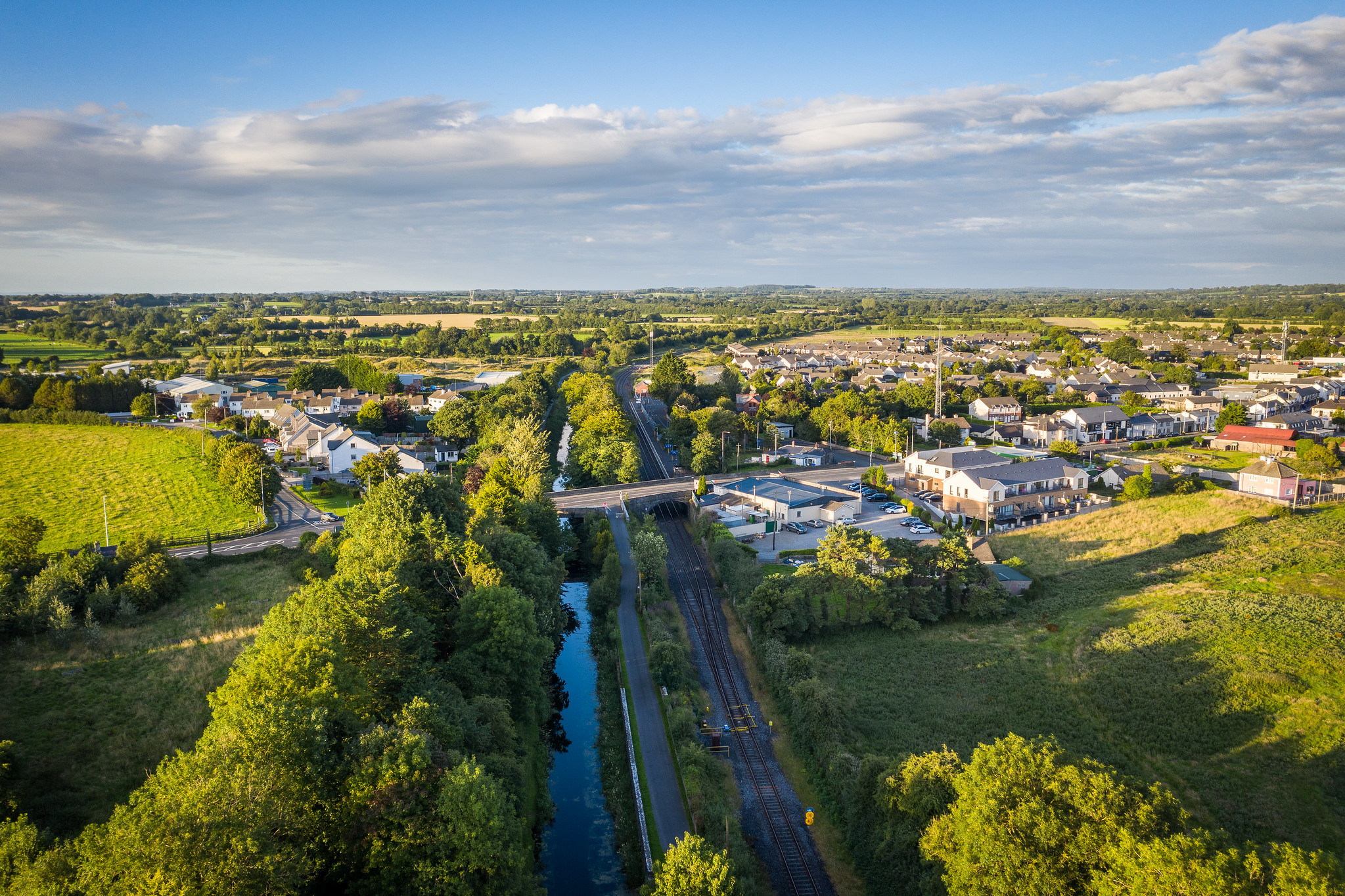 Enfield from the air with the Royal Canal Greenway, canal and train tracks visible