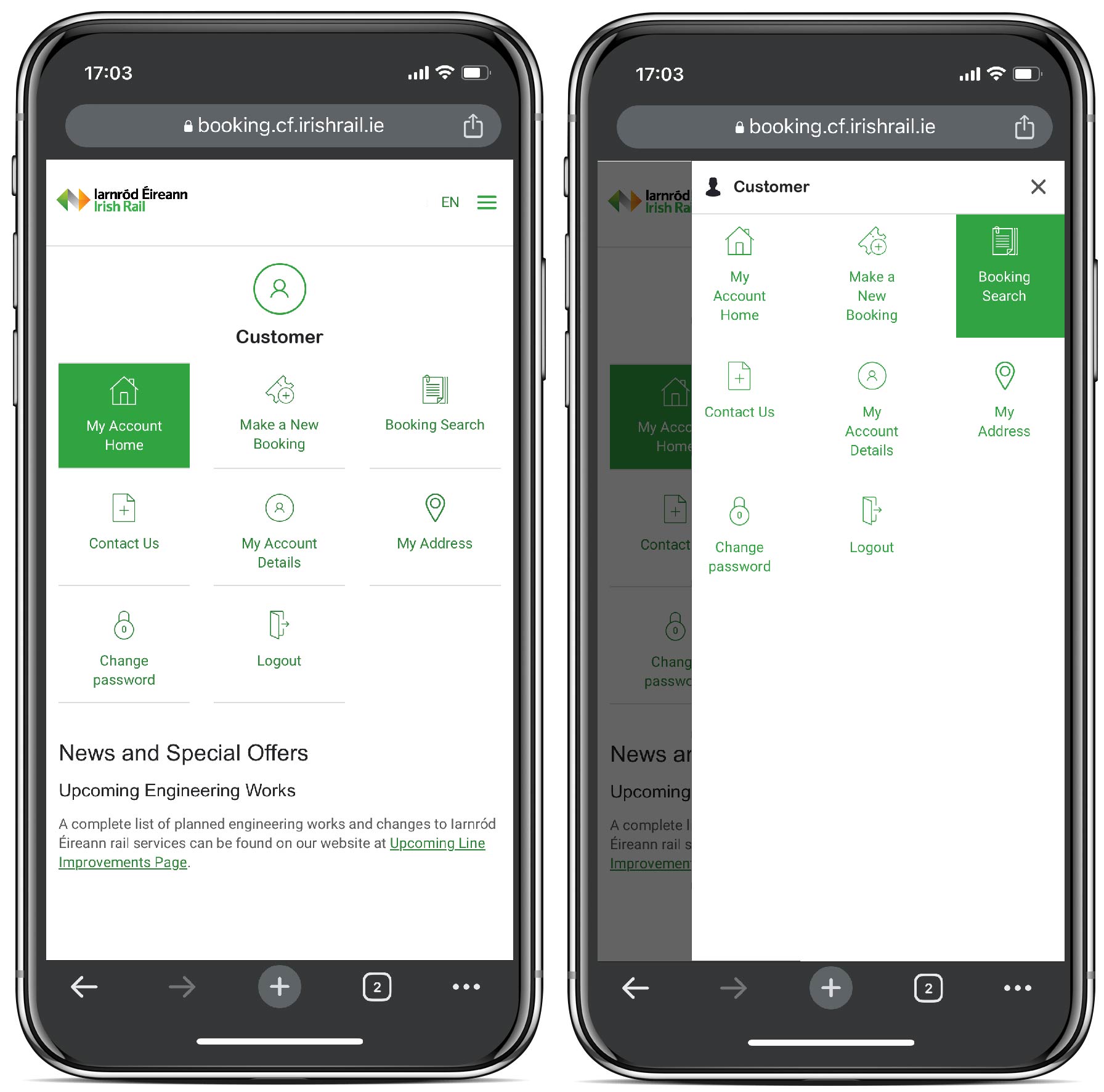 Iarnród Éireann account menu on mobile
