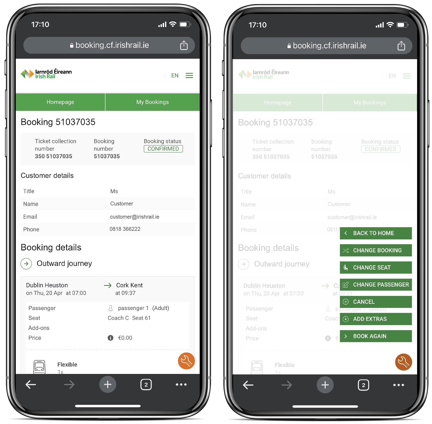 Iarnród Éireaan Amending Booking Options on mobile