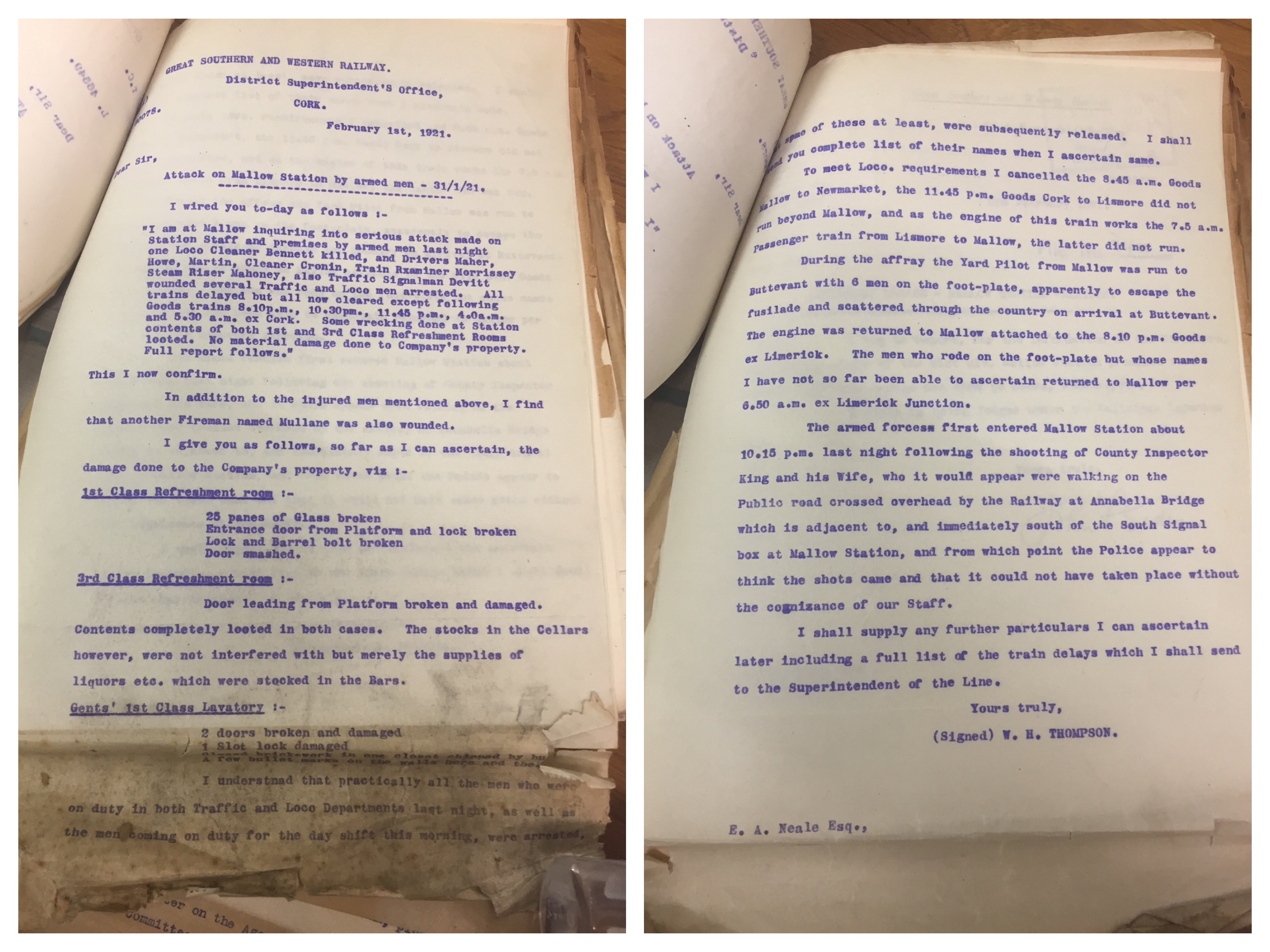 Three documents give an account of the events at Mallow. The first is a two page report by the local manager. It was written the following day and is incomplete. Note how it reports on how the train service was got moving again, and the pointed reference to the looting of alcohol during the raid.