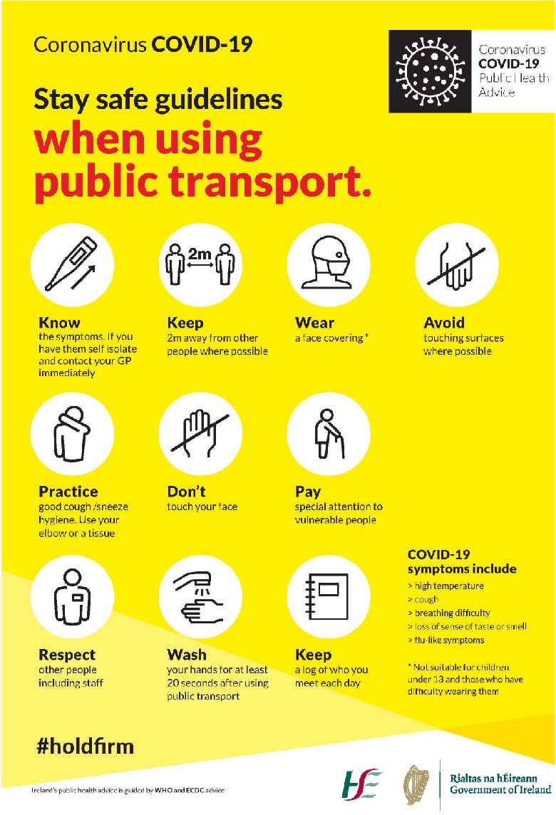 HSE Coronavirus - Guidelines on how to stay safe when using public transport. The poster provides the following information: Know the symptoms of COVID-19, Keep 2m apart, Wear a mask, Avoid touching surfaces, Practice good coughing/sneezing hygiene, 