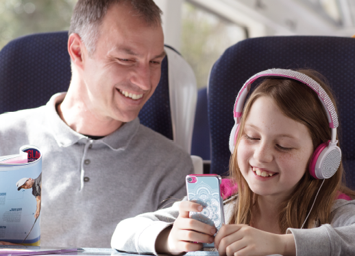 A father and daughter on the train