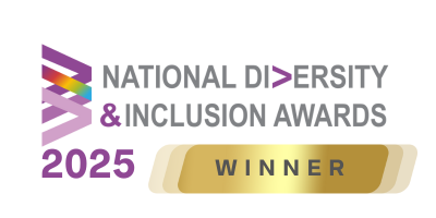 A badge for the National Diversity & Inclusion Awards 2025, showing the status as 'Winner' with a gold banner.