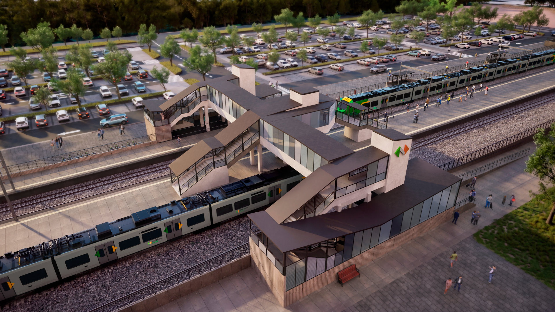 Artist's impression of a modern railway station with two platforms connected by a pedestrian footbridge, trains at the platforms, and a large car park.
