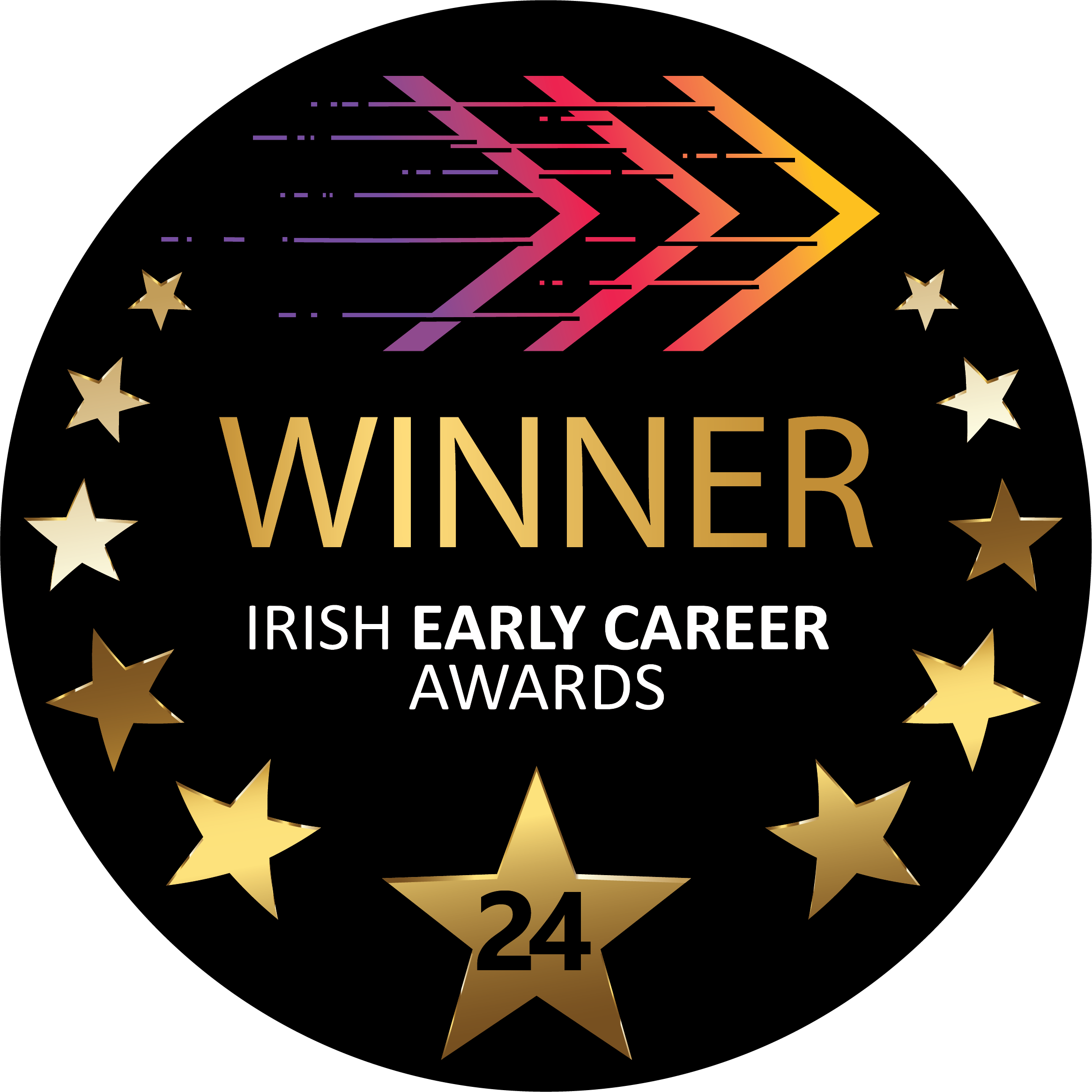 A circular black badge with the word 'WINNER' in gold. It features the text 'Irish Early Career Awards,' a series of colorful arrows, and is bordered by gold stars, with the number '24' in the center star.