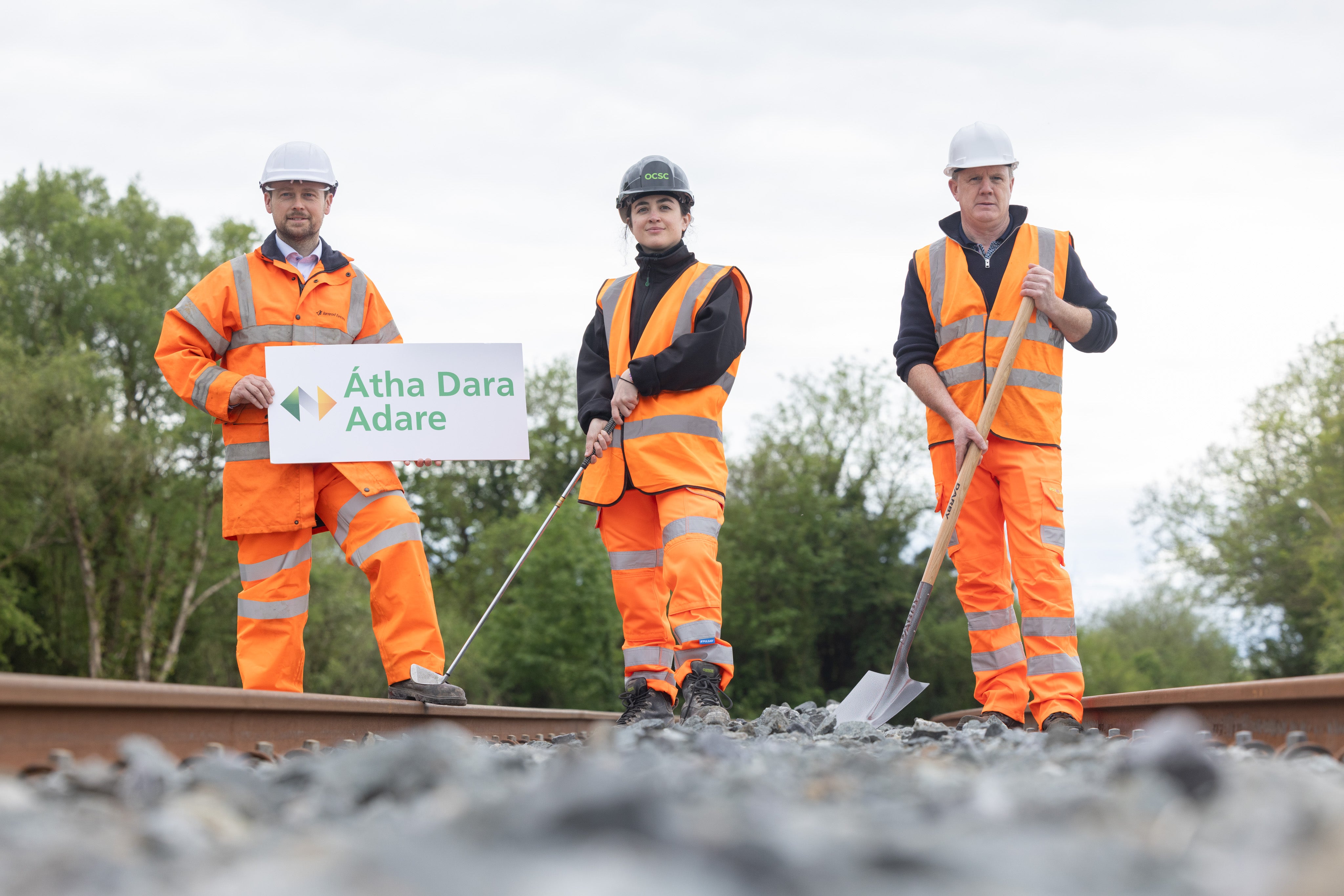 Oliver Tierney, Iarnród Éireann Project Manager, joins Martha Mares of O'Connor Sutton Cronin and Declan Maher of Cara Plant Hire to mark the beginning of works on a temporary station at Adare.  It will enable thousands of supporters to attend the Ryder Cup in 2027.