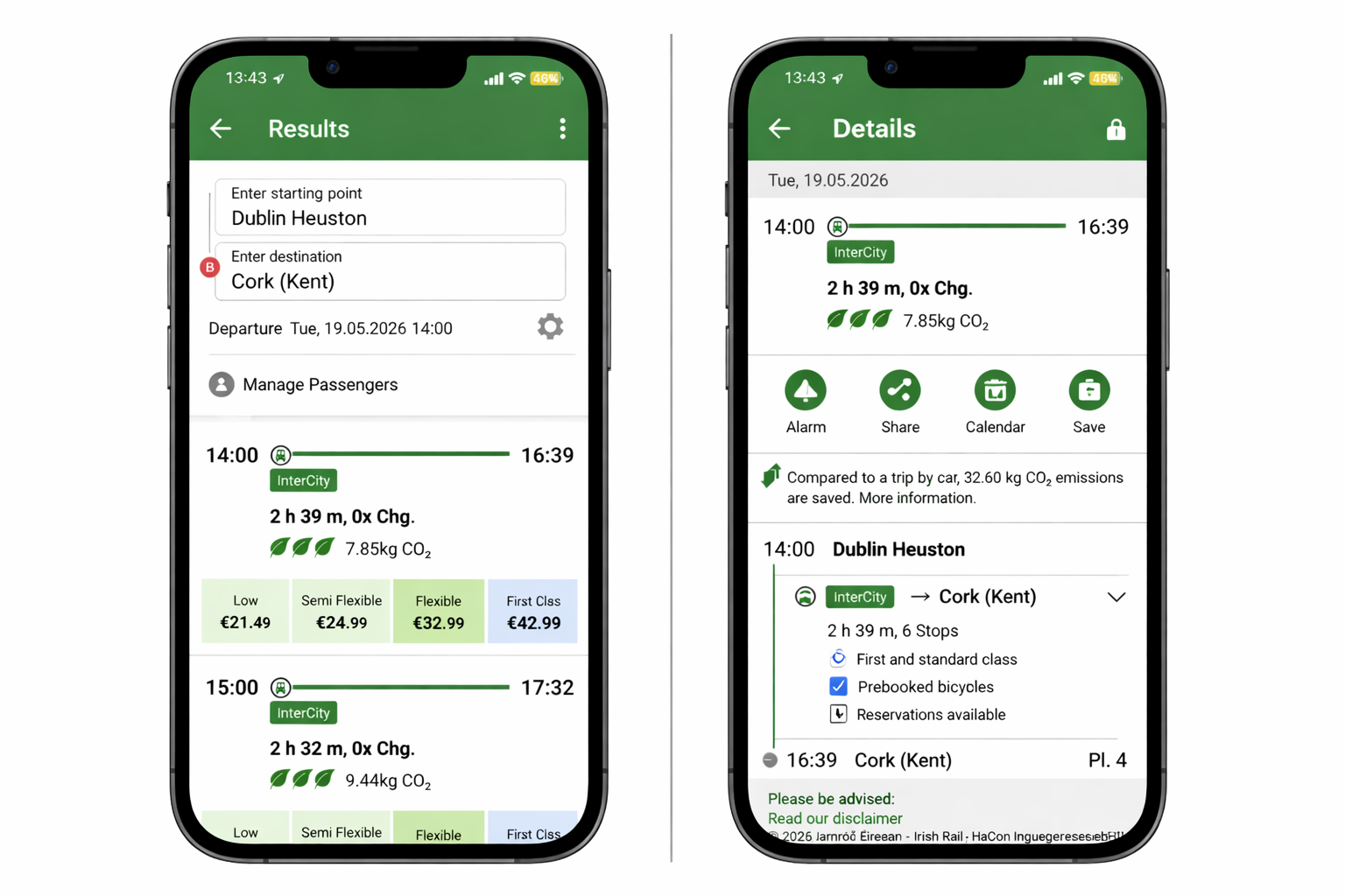 Screenshots showing the new CO2 data included in our mobile app journey planner results.
