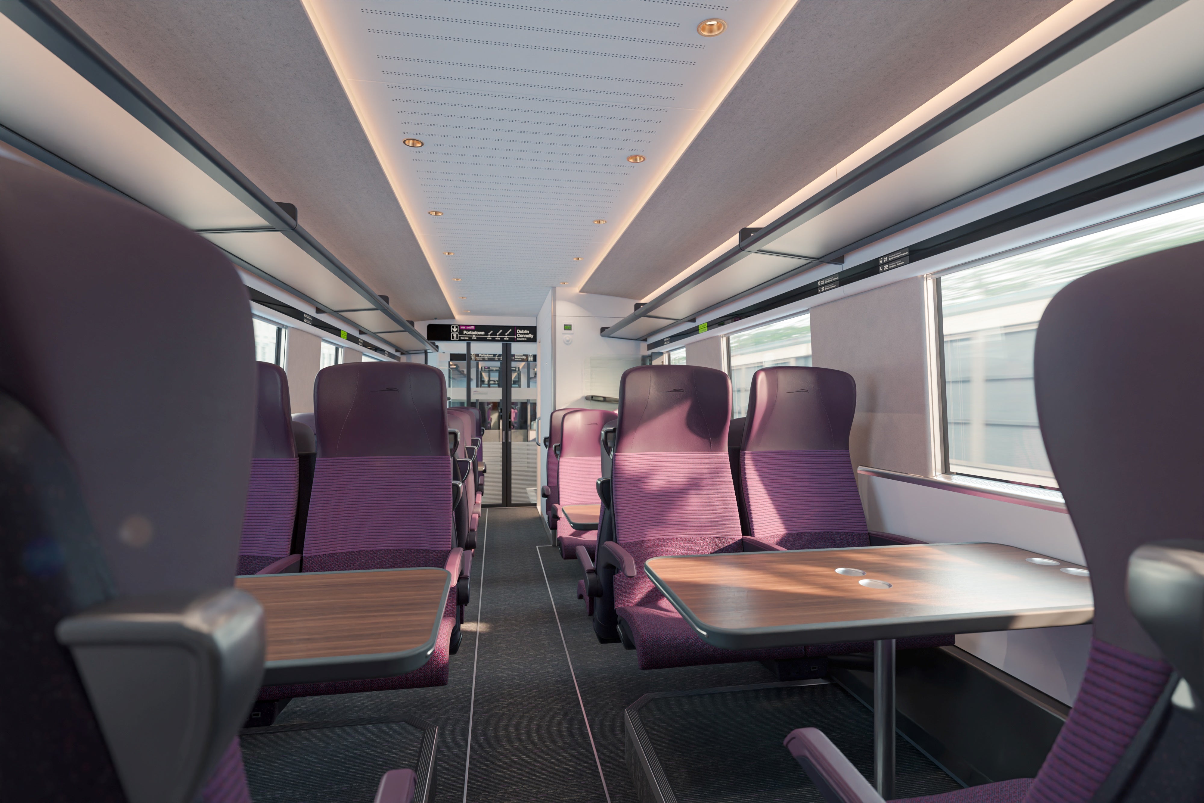 Interior image of new Stadler Dublin to Belfast Enterprise fleet (saloon area showing 4 seat consist)
