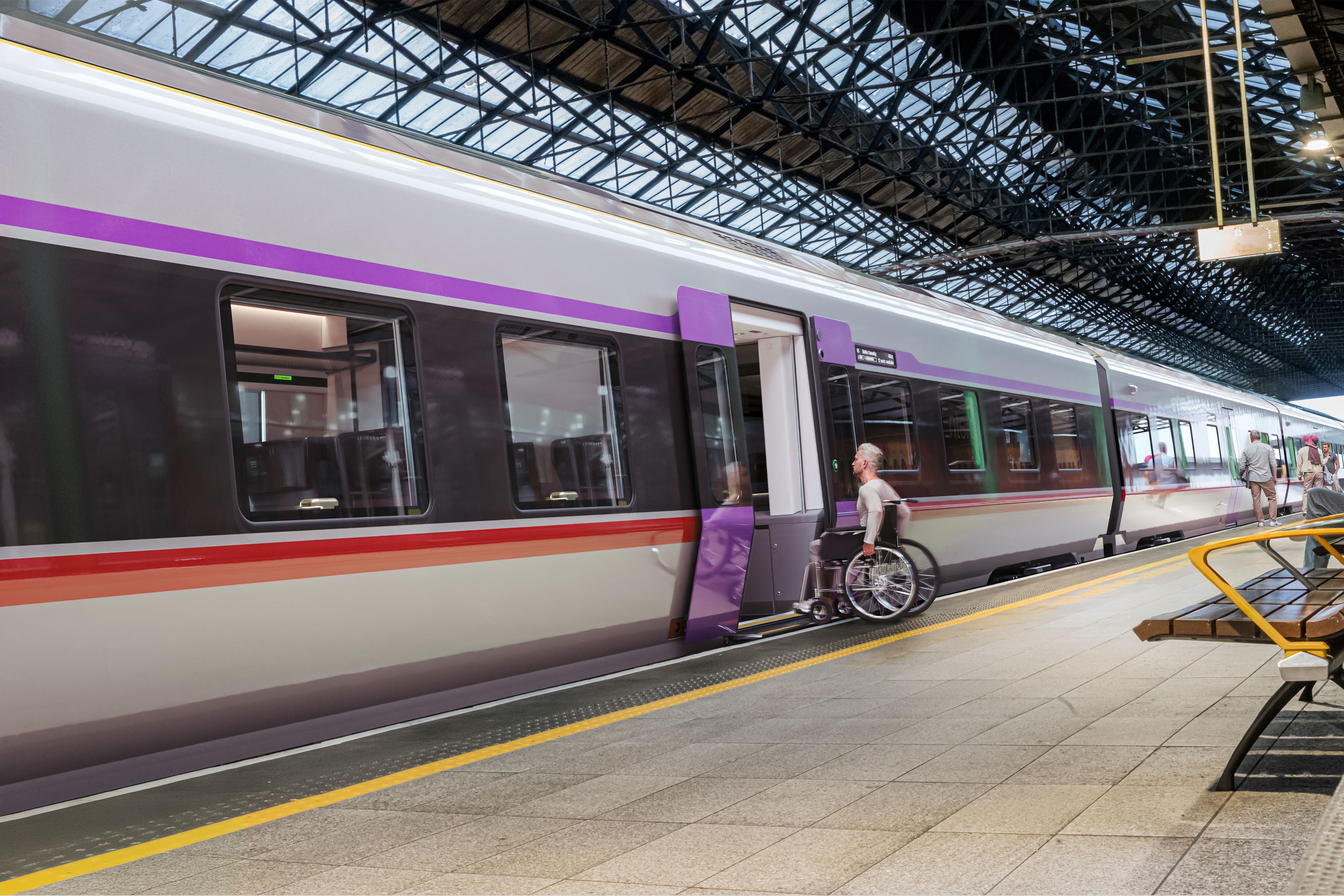 Exterior image of new Stadler Dublin to Belfast Enterprise fleet (showing wheelchair boarding new train)