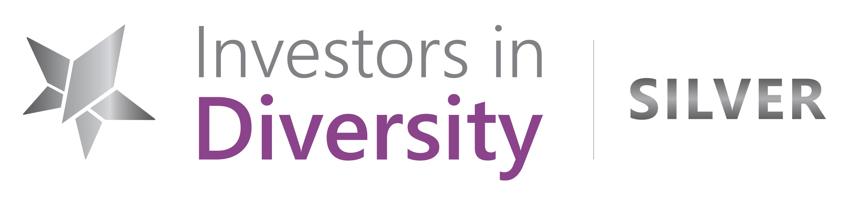 The Investors in Diversity logo featuring a silver geometric star, the text 'Investors in Diversity' in grey and purple, and the word 'SILVER' in bold silver caps.