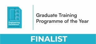 A white and teal banner announcing a 'FINALIST' for the 'Engineering Excellence Awards 2023' in the category of 'Graduate Training Programme of the Year.