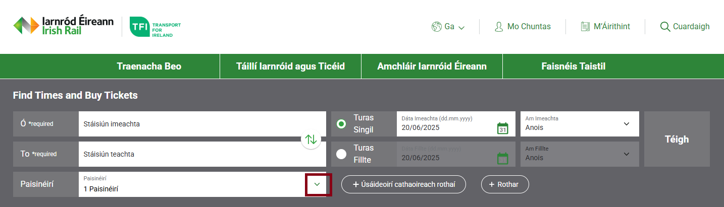 Seat scáileáin de shuíomh roghchlár roghnúcháin Paisinéirí